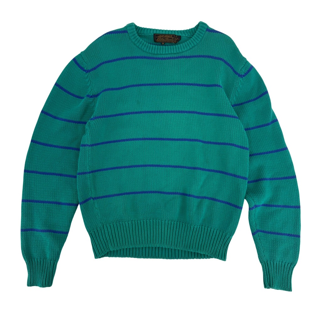 Vintage 90s Eddie Bauer Men's‎ Teal Striped Cotton Shaker Knit Sweater Medium